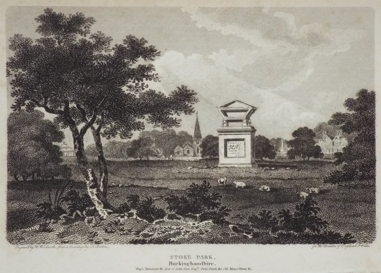 Print - Stoke Park, Buckinghamshire, Gray's Monument. The Seat of John Penn Esqr. Stoke Church, The Old Manor House &c - Woolnoth